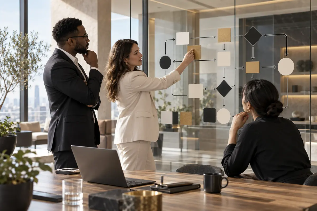 Business process optimisation consultants mapping an improved operational workflow